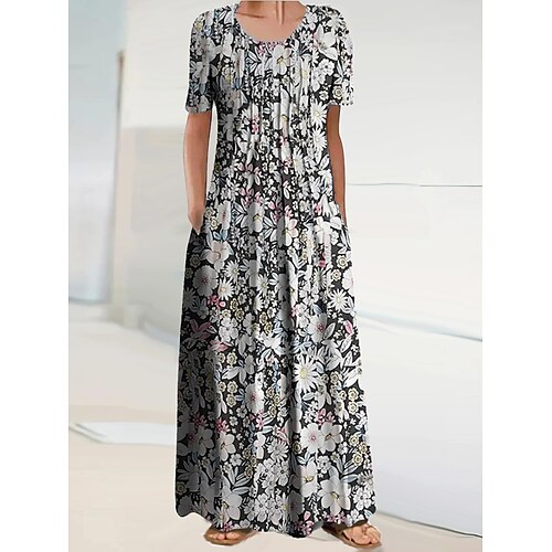 

Dame Lang kjole Maxikjole Uformell kjole Print kjole Blomstret Mote Moderne Daglig Feriereise Helg Rynket Lomme Kortermet Crew-hals Kjole Normal Svart Rød Vår Sommer S M L XL XXL