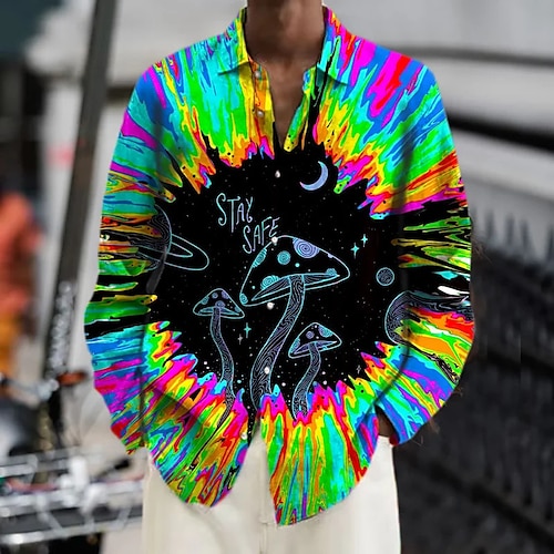 

Homens Camisa Social Estampas Abstratas Cogumelo Aberto para a Lateral Arco-íris Ao ar livre Rua Manga Longa Botão para baixo Imprimir Roupa Esportes Moda Roupa de rua Designer