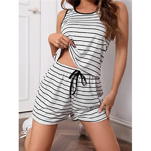 

Dame Loungewear Sæt Stribe Sport Afslappet Komfort Hjem Daglig Ferierejse Polyester Åndbart Rund hals Uden ærmer Tanktop Shorts Forår Sommer Hvid