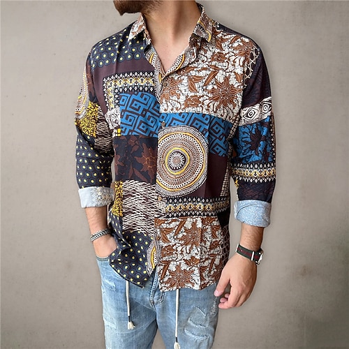 

Herren Hemd Stammes Grafik-Drucke Umlegekragen Braun Outdoor Strasse Langarm Button-Down Bedruckt Bekleidung Modisch Boho Designer