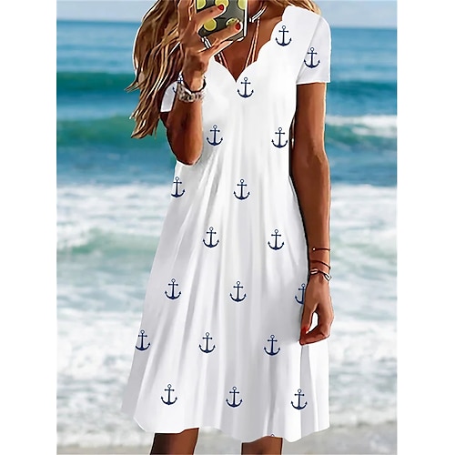 

Mulheres Vestido casual Vestido de turno Vestido estampado Imprimir Franzido Imprimir Decote V Minivestido Ativo Moda Ao ar livre Diário Manga Curta Ajuste Largo Branco Azul Primavera Verão S M L XL