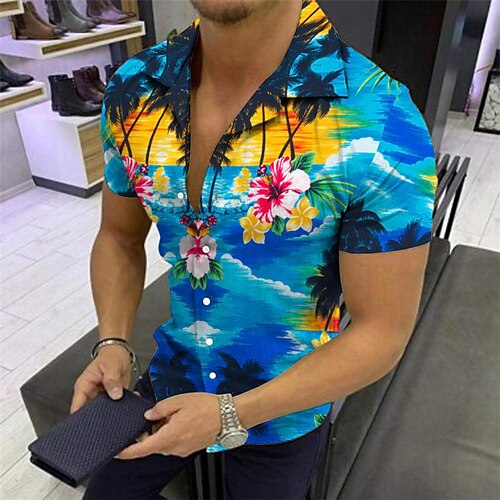 

Hombre Camisa camisa hawaiana Floral Estampados Tortuga Cuello Vuelto Azul Real Azul Piscina Morado Gris Casual Festivos Manga Corta Abotonar Estampado Ropa Tropical Moda Ropa de calle Hawaiano