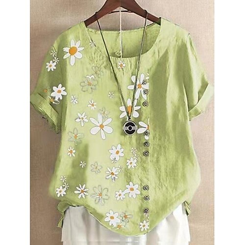 

Mujer Camisa Blusa Amarillo Claro Bleu Ciel Azul Marino Floral Botón Estampado Manga Corta Casual Festivos Básico Escote Redondo Regular Lino Flor M