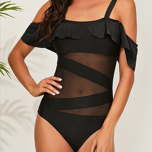 

Women's Swimwear One Piece Normal Swimsuit Mesh Patchwork Plain Black Bodysuit Bathing Suits Sports Summer