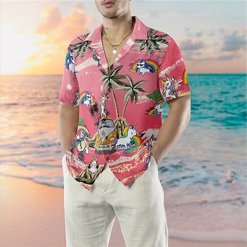 

Homens Camisa Social Camisa havaiana Coqueiro Estampas Abstratas Aberto para a Lateral Rosa Casual Feriado Manga Curta Botão para baixo Imprimir Roupa Tropical Moda Roupa de rua Havaiana