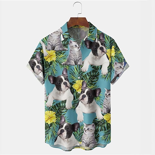 

Herren Hemd Hawaiihemd Sommerhemd Blumen Hund Grafik-Drucke Umlegekragen Blau Strasse Casual Kurze Ärmel Button-Down Bedruckt Bekleidung Tropisch Modisch Strassenmode Hawaiianisch