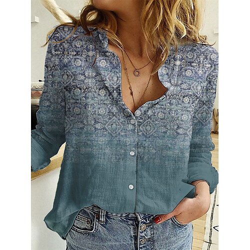 

Women's Shirt Blouse Blue Purple Green Graphic Button Print Long Sleeve Casual Daily Basic Shirt Collar Regular S