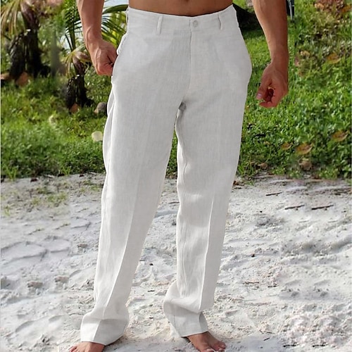 Men's Linen Pants Trousers Summer Pants Beach Pants Front Pocket Straight  Leg Plain Comfort Breathable Casual Daily Holiday Linen / Cotton Blend  Streetwear Designer White Navy Blue 2024 - $22.99