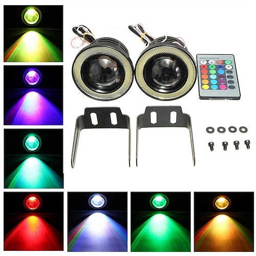 

2 pçs projetor de alta potência universal rgb led luz de nevoeiro cob branco halo anjo anéis de olho drl lâmpadas de condução