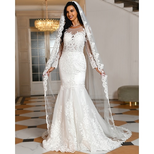 

Stile reale Da cerimonia Abiti da sposa Strascico a terra A sirena Manica lunga Stondata Di pizzo Con Perline Con applique 2023 Abiti da sposa