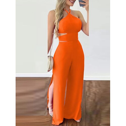 

Women's Jumpsuit Backless Split Solid Color Halter Streetwear Vacation Going out Regular Fit Sleeveless Fuchsia Orange S M L Spring