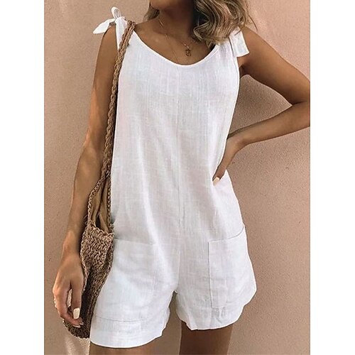 

Combishort Femme Poche Noeud Couleur unie Col Ras du Cou Vêtement de rue du quotidien Vacances Standard Sans Manches Sans Manches Blanche S Printemps