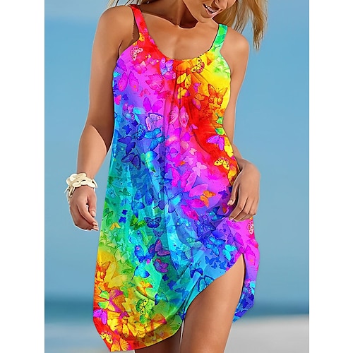 

Women's Beach Dress Resort Wear Beach Wear Mini Dress Print Tropical Fashion Rainbow Spaghetti Strap Sleeveless Loose Fit Outdoor Daily White / Purple Rainbow 2023 Summer Spring S M L XL