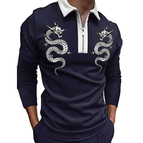 

Per uomo Polo con zip Camicia da golf Golf Informale Abbigliamento di strada Chiusura lampo quarto Manica lunga Di tendenza Informale Pop art Drago Mezza Zip Stampa Primavera estate Nero Bianco Blu