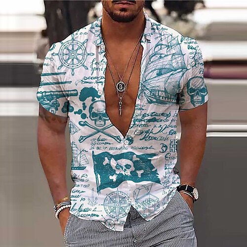 

Herren Hemd Hawaiihemd Sommerhemd Totenkopf Motiv Buchstabe Grafik-Drucke Umlegekragen Blau Strasse Casual Kurze Ärmel Button-Down Bedruckt Bekleidung Tropisch Sport Strassenmode Designer