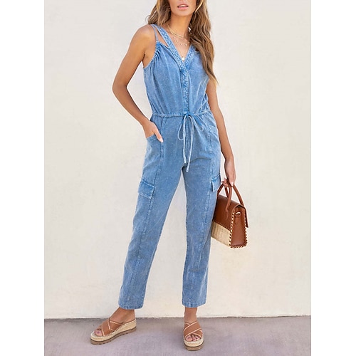 

Damen Jumpsuit Tasche Feste Farbe V Ausschnitt Strassenmode Brautkleider schlicht Täglich Urlaub Regular Fit Ärmellos Königsblau S M L XL Frühling