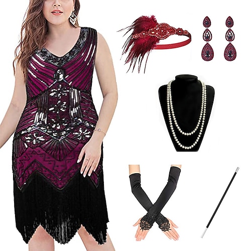 

Gatsby le magnifique Les rugissantes années 20 1920s Robe de cocktail Robe vintage Robe à clapet Robe de cocktail Ensemble d'accessoires Femme Paillettes Franges Costume Vintage Cosplay Fête / Soirée