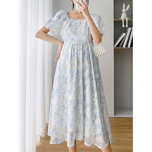 

vestito maglione di maternità delle donne vestito maglione casuale vestito maglione floreale vestito maglione estivo vestito maglione midi floreale stampa manica corta collo quadrato moda all'aperto