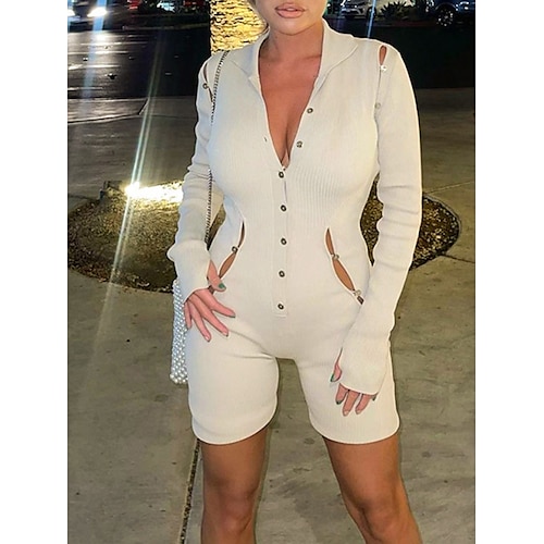 

Women's Romper Cut Out Solid Color V Neck Streetwear Street Holiday Regular Fit Long Sleeve Black White S M L Spring