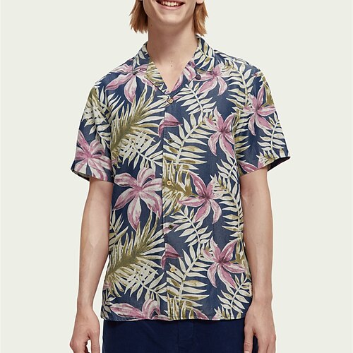 

Men's Shirt Summer Hawaiian Shirt Floral Graphic Prints Leaves Turndown Navy Blue Casual Holiday Short Sleeve Button-Down Print Clothing Apparel Tropical Fashion Streetwear Hawaiian