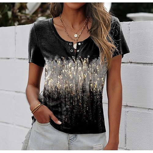 

T shirt Tee Femme Noir Tie Dye Bouton Imprimer Manche Courte du quotidien Fin de semaine basique Col Rond Normal Standard Peinture S