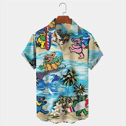 

Homens Camisa Social Camisa havaiana Floral Urso Coqueiro Estampas Abstratas Aberto para a Lateral Azul Ao ar livre Rua Manga Curta Botão para baixo Imprimir Roupa Tropical Moda Havaiana Designer