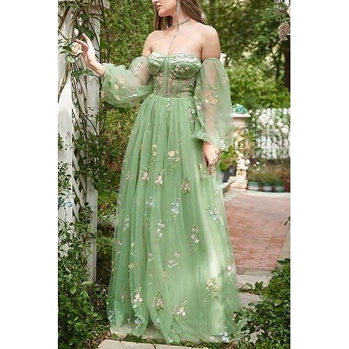 

Linea-A Vestiti da sera Florale Vestito Formale Lungo Manica lunga A cuore Di pizzo Scollato sul retro con A pieghe Con applique 2023