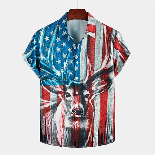 

Men's Shirt Elk Graphic Prints National Flag Turndown Blue Street Casual Short Sleeves Button-Down Print Clothing Apparel Sports Fashion Streetwear Designer