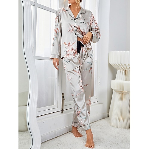 

Per donna Pigiami Top e pantalone del pigiama Completi Fiore decorativo Informale Comoda Morbido Interni Giornaliero Da letto Raso Traspirante Bavero Manica lunga Camicia Pantalone Pulsante Tasche