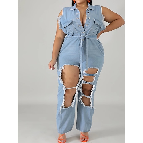 

Damen Jumpsuit mit Schnürung Tasche Feste Farbe Hemdkragen Strassenmode Casual Strasse Festtage Regular Fit Ärmellos Leicht Blau XL XXL 3XL 4XL Frühling