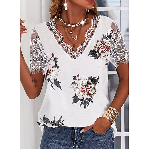 

T shirt Tee Femme Blanche Floral Dentelle Imprimer Manche Courte Casual Vacances basique Col V Normal Standard Fleur S