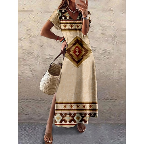 

Per donna Abito lungo Abito lungo Abito casual Abito linea A Abito sottoveste Fantasia geometrica Tribale Di tendenza Streetwear Giornaliero Appuntamento Da mare Spacco Stampa Manica corta A V Vestito
