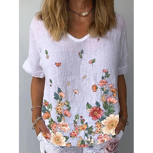 

Chemise Chemisier Femme Blanche Floral Imprimer Manche Courte Casual Vacances basique Col V Normal Standard Fleur S