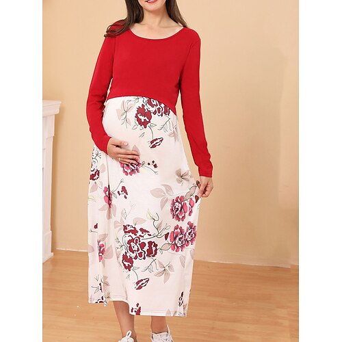 

abito maglione maternità da donna abito maglione casual abito maglione allattamento floreale abito maglione midi manica lunga patchwork stampa girocollo moda all'aperto rosso primavera estate xs s m
