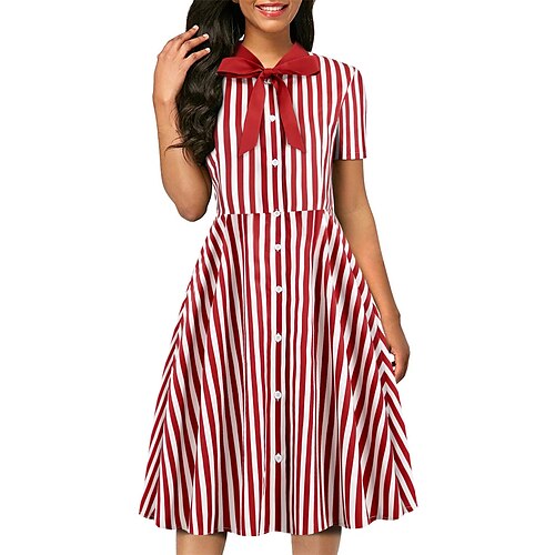 

Dame Elegant Retro Rød Vintage kjole Midikjole utendørs Ferie Rynket Knapp Polkadotter V-hals Kortermet Normal Sommer Vår 2023 HvitSvart Svart S M L XL