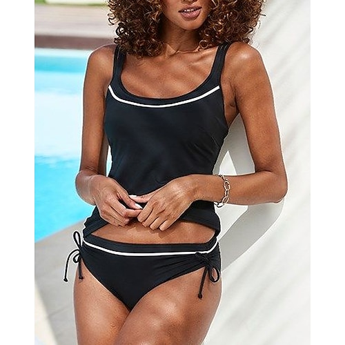 

Damen Badeanzug Tankini 2 Stück Normal Bademode Schnell Trocknend 2 Teile Feste Farbe Schwarz Tank Top Badeanzüge Sport Strandbekleidung Sommer