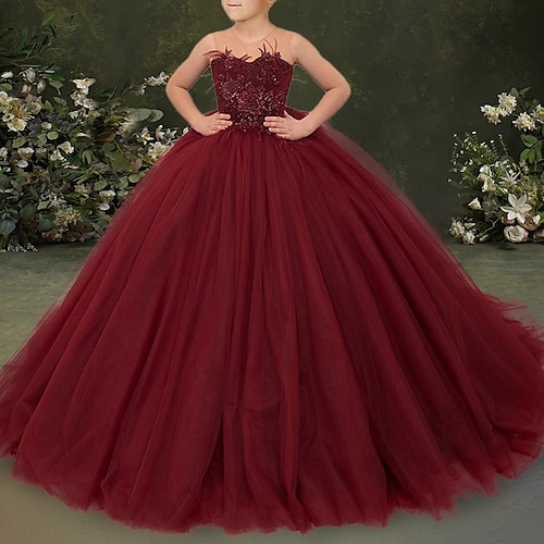 

Balkjole Børsteslæb Blomsterpigekjole Quinceanera Piger Sød gallakjole Satin med Fjer / pels Åben ryg Passer 3-16 år
