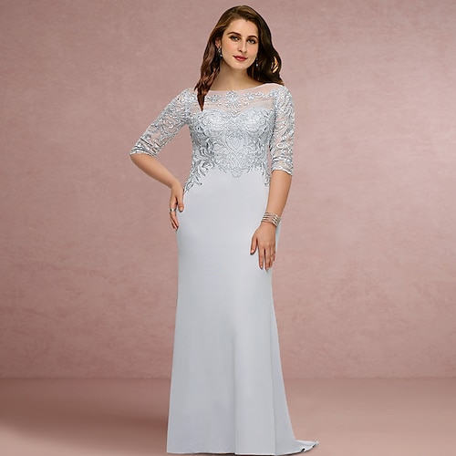 

Plus Size Curve Kjole til brudens mor Bryllupsgæst Årgang Elegant Scoop hals Børsteslæb Chiffon Blondelukning Halvlange ærmer med Paillette 2023