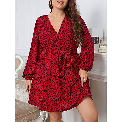 

Dame Store størrelser Uformell kjole Kjole med A-linje Leopard Mini kjole Langermet Blondér Trykt mønster V-hals Mote utendørs Rød Høst Vår XL XXL 3XL 4XL