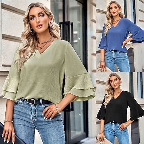 

Dame Skjorte Bluse Svart Blå Beige عادي Drapering 3/4 ermer Avslappet Grunnleggende V-hals Normal S