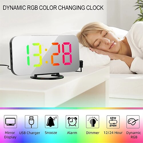 

8813 dynamisk rgb digital vekkerklokke automatisk dimming stor hd-skjerm desktop vekkerklokke dobbel usb-utgang speil led elektronisk klokke