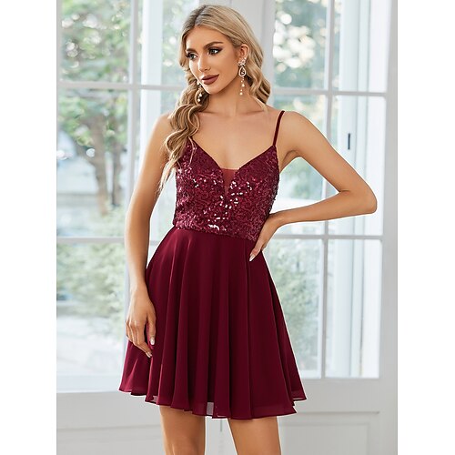 

Linea-A Abiti di ritorno a casa Sensuale Vestito Abiti da festa Corto / mini Senza maniche Con bretelline Chiffon con A pieghe Lustrini 2023