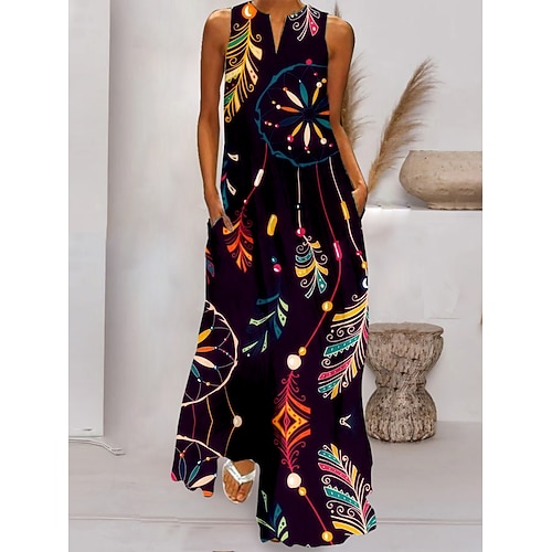 

Per donna Abito lungo Abito lungo Abito casual Vestito svasato Abito stampato Piume Informale Romantico Per eventi Da mare Spiaggia Tasche Stampa Senza maniche A V Vestito Morbido Nero Bianco