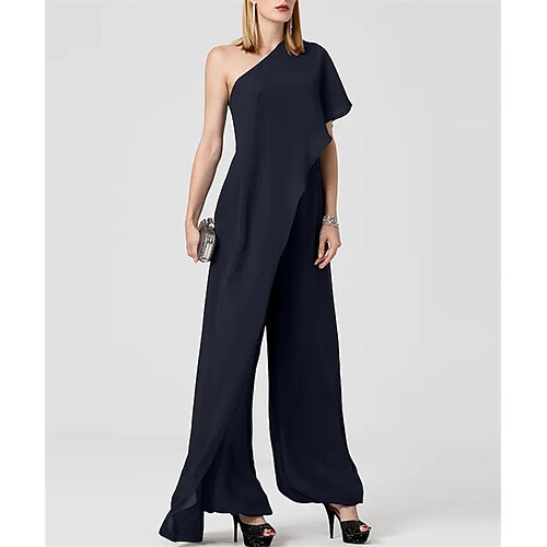 

Jumpsuit / Pantsuit Gjestekjoler til bryllup Elegant Kjole Festklær Gulvlengde Kortermet Enskuldret Chiffon med Plissert Ren Farge 2023