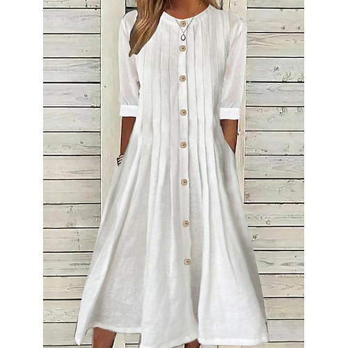 

Women's Cotton Linen Dress Swing Dress Midi Dress Cotton And Linen Fashion Modern Daily Vacation Crew Neck Pleated Button Half Sleeve Summer Spring 2023 Regular Fit White Pink Blue Pure Color S M L