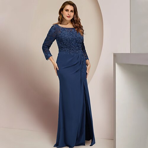 

Curva taglie forti Abito da cerimonia per signora Invitati del matrimonio Festa Elegante Girocollo Lungo Chiffon Di pizzo Manica lunga con Spacco sul davanti Con ruche 2023