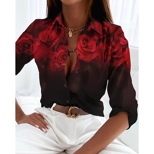 

Damen Hemd Bluse Gelb Rosa Rote Blumen Taste Bedruckt Langarm Casual Festtage Basic Hemdkragen Standard Blume S