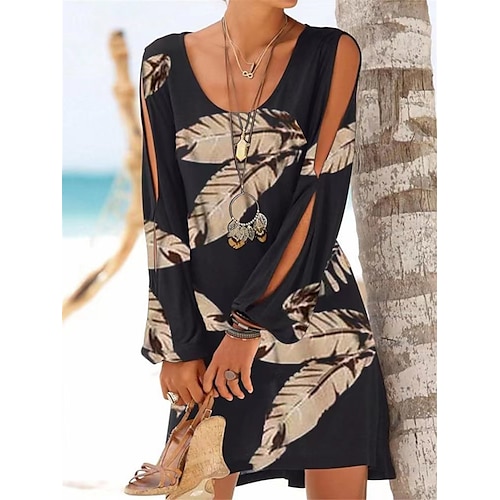 

Dame Uformell kjole Print kjole Løs kjole Blad Blomstret Trykt mønster U-hals Mini kjole Aktiv Mote utendørs Daglig Langermet Løstsittende Svart og Hvit Svart Mørkegrå Vår Sommer S M L XL XXL