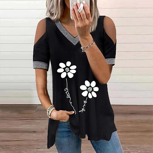 

Mulheres Camisa Social Blusa Preto Floral Com Corte Imprimir Manga Curta Casual Feriado Básico Decote V Padrão Tema Flores S