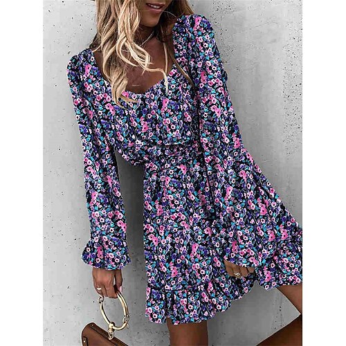 

kvinders afslappet sweater kjole blomster sweater kjole print sweater kjole blomster rynket print v-hals mini sweater kjole aktiv mode udendørs daglig langærmet løs pasform sort lilla beige sommer